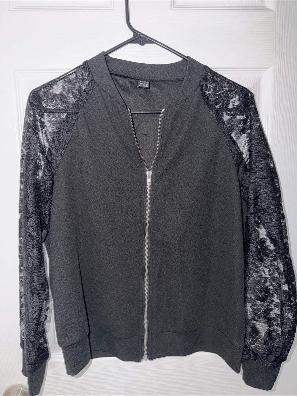 SHEIN Black Lace-Sleeve Zip Front Top